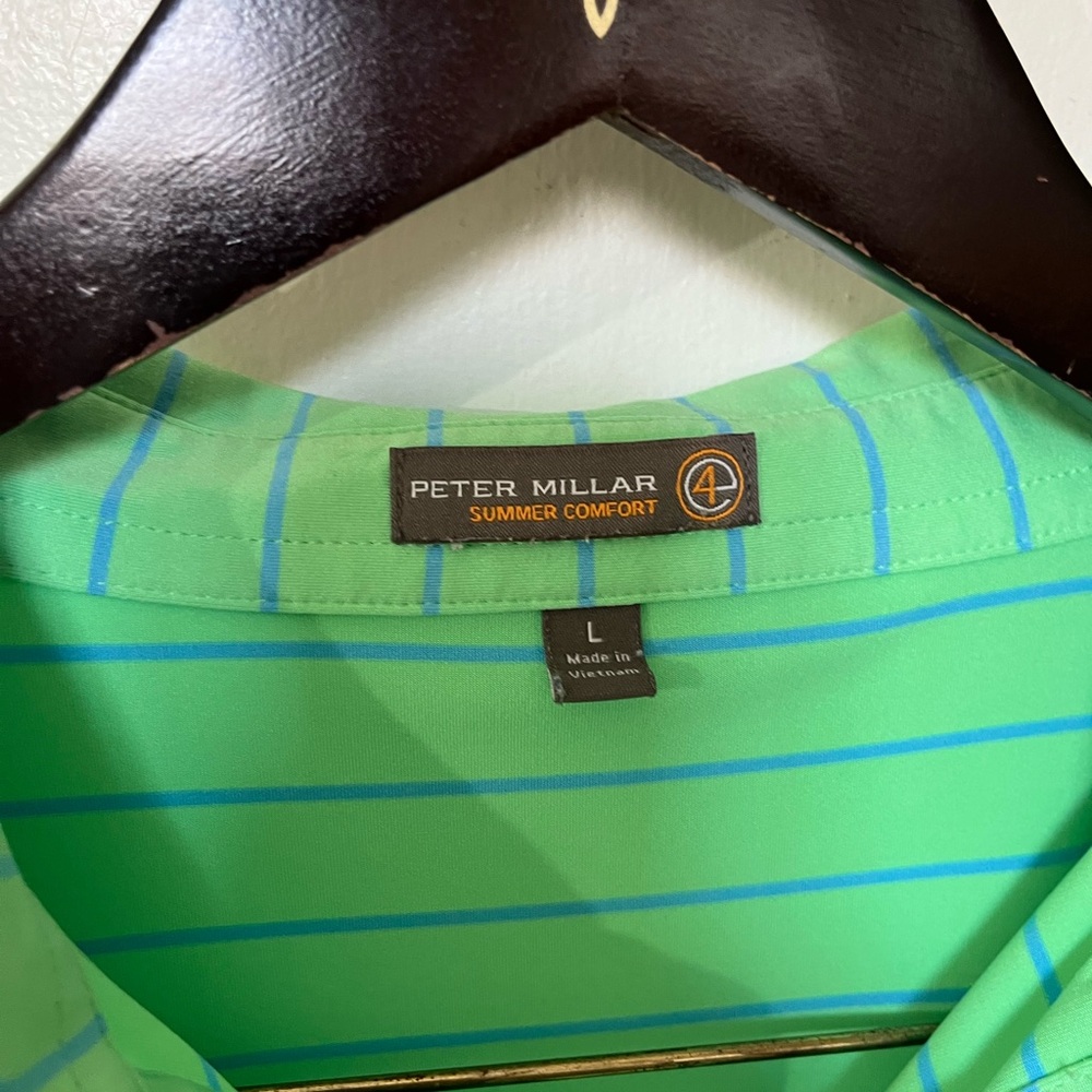 Peter Millar Summer Comfort Green Blue Striped Golf Polo Shirt Mens Large - Picture 4 of 7